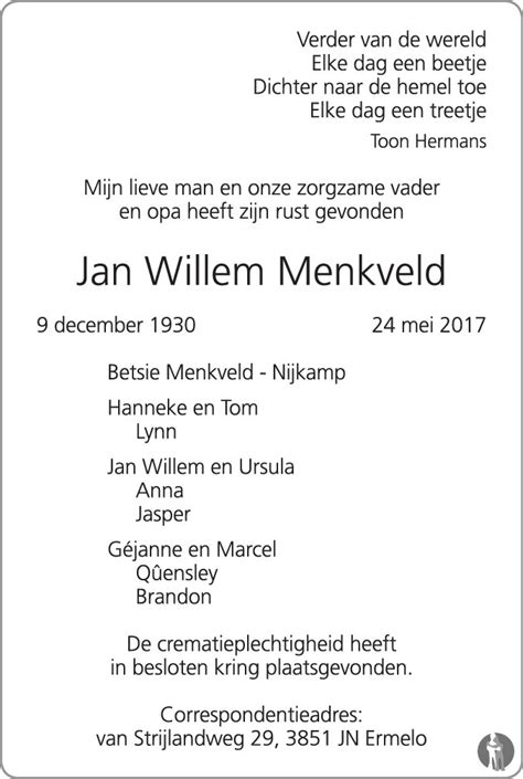 Jan Willem Menkveld Overlijdensbericht En Condoleances