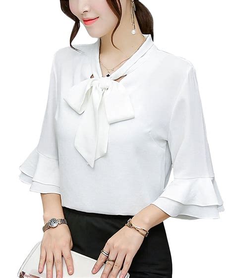 Buy Dpo Womens Chiffon V Neck Bow Tie Neck Blouse Flared Ruffle 3 4