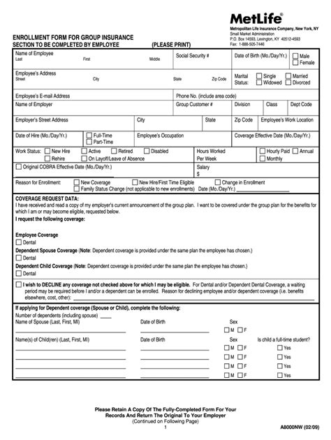 Fillable Online Enrollment Change Form Neck Up Benefits Fax Email