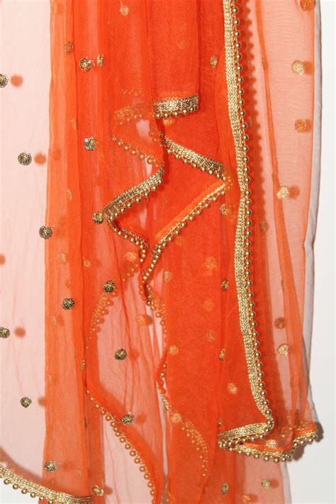 Buy Orange Net Dupatta With Golden Sequins Motifs Gold Border Online In