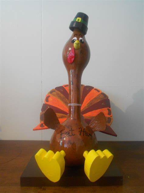 Thanksgiving Turkey Gourd With Wooden Tail Feathers And Terracotta