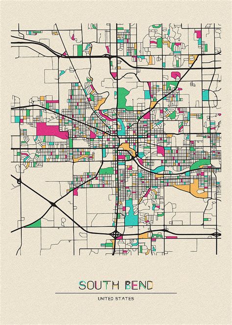 South Bend, Indiana City Map Drawing by Inspirowl Design