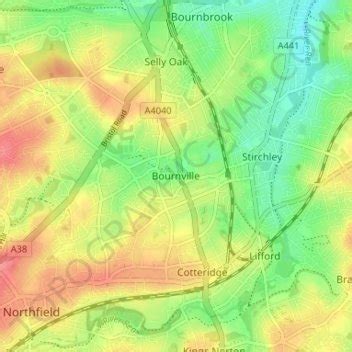 Bournville topographic map, elevation, terrain