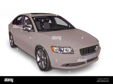 Bright beige four door compact hybrid car isolated on a white ...