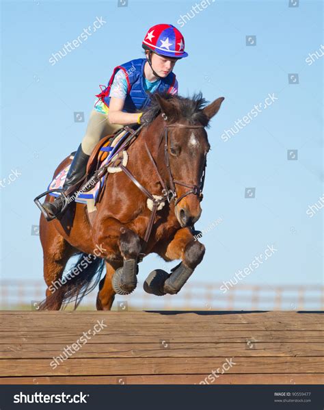 Young Woman Jumps A Horse During Practice On A Cross Country Eventing ...