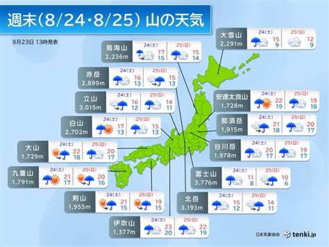 24日・25日の山の天気 雷雨頻発で局地的な大雨に注意 全国の山の天気を解説気象予報士 宮田 雄一朗 2024年08月23日 日本気象