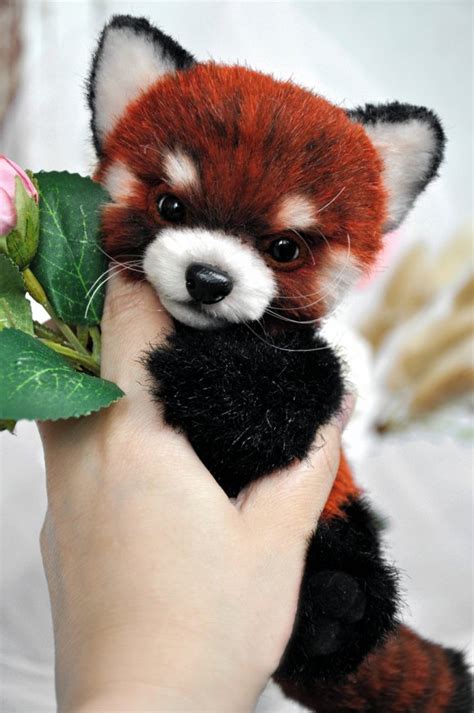 Red Panda Teddy With A Bouquet Of Rose Flowers Realistic Cute Handmade