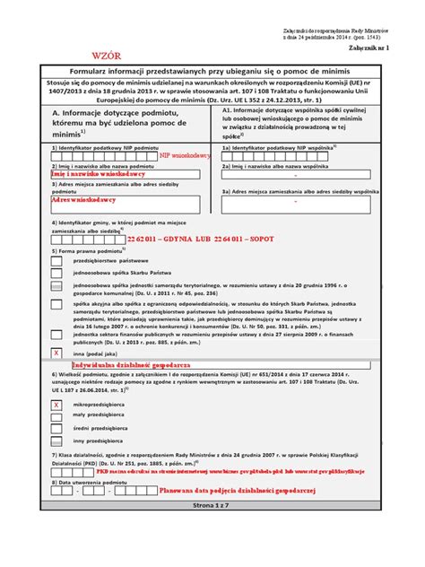 Wzór Wypełnienia Formularza De Minimis Załącznik Nr 1 Do Wniosku Pdf