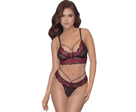 Cottelli Lingerie Black Sheer Mesh Lingerie Set With Red Embroidery