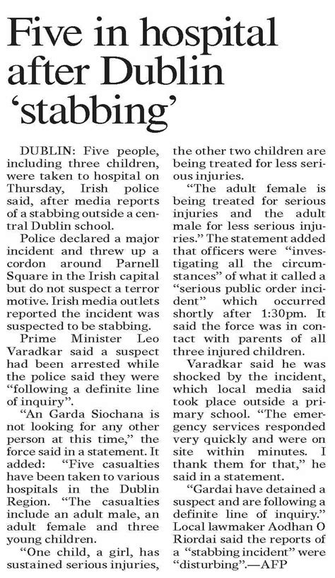 Dawn Epaper Nov Five In Hospital After Dublin Stabbing