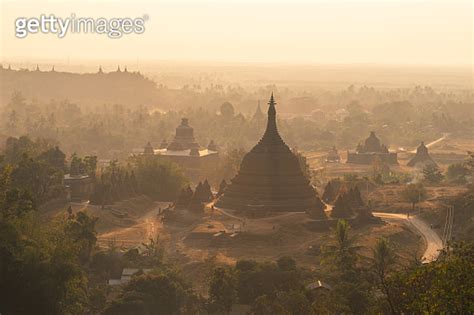 Buddhist Pagoda And Temple At Sunset In Mrauk U Ancient City Rakhine