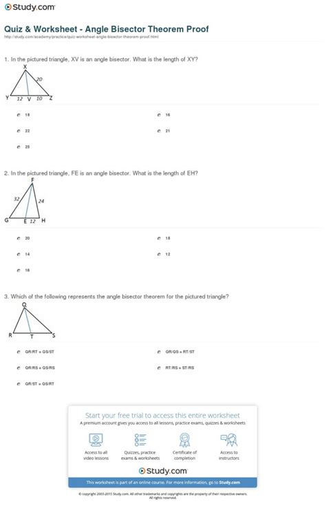 Quiz Worksheet Angle Bisector Theorem Proof Study Db Excel