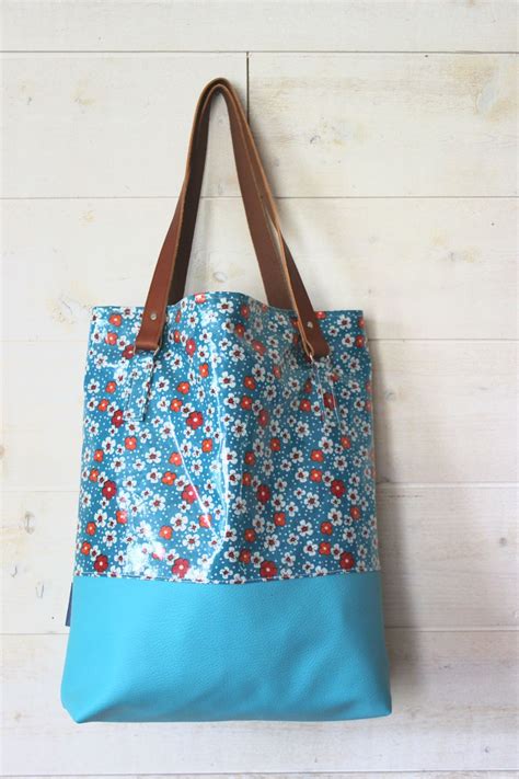 Tote Bag En Toile Cir E Fleurie Et Simili Turquoise Sacs Main Par L