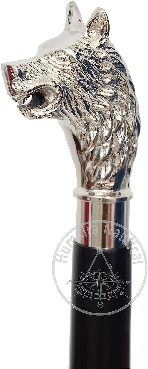 Nautical Wolf Head Brass Handle Walking Stick Design Gem