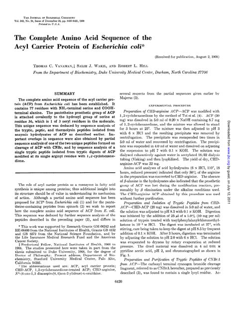 Pdf The Complete Amino Acid Sequence Of The Acyl Carrier Protein Of