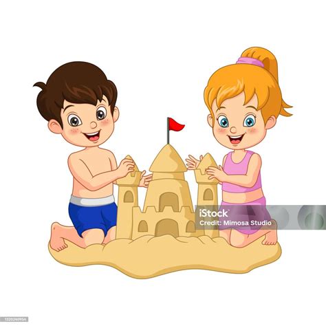 kartun anak lakilaki  perempuan membuat istana pasir  pantai