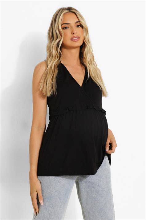 Womens Black Maternity Nursing Wrap Ruffle Smock Top Boohoo Uk