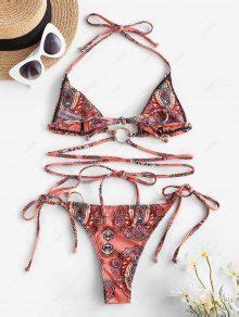 ZAFUL Ethnic Ribbed O Ring Strappy Bikini Swimwear In LIGHT PINK