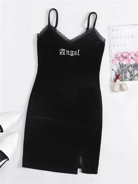 Plus Lace Trim Split Hem Letter Embroidered Velvet Bodycon Dress Shein Usa Plaid Bodycon Dress