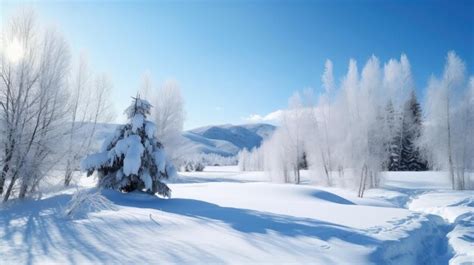 Premium Ai Image Snowy Trees In The Mountains With A Blue Sky And