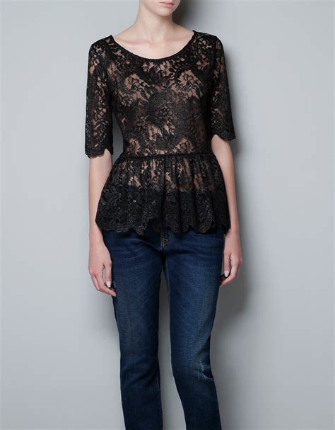 Zara Peplum Lace Top In Black Lyst