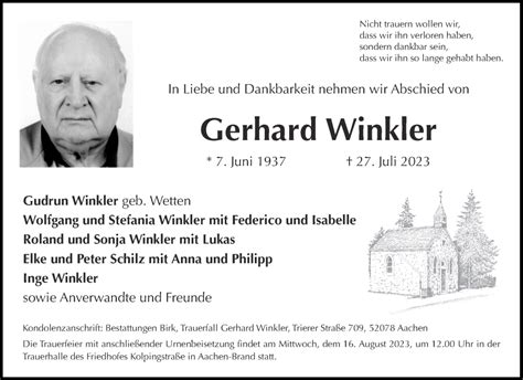 Traueranzeigen Von Gerhard Winkler Aachen Gedenkt