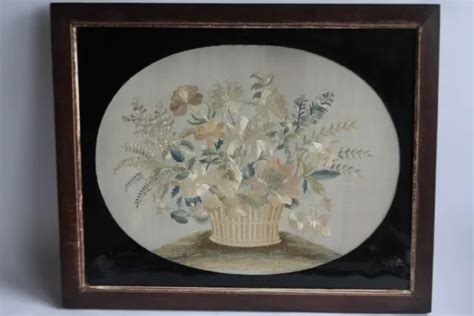 TABLEAU BRODERIE SUR soie Bouquet de fleurs XIXe siècle 54032 EUR 490