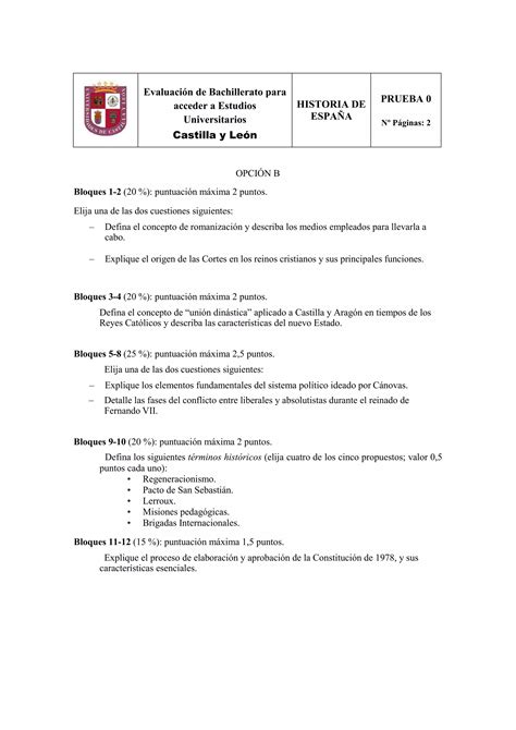 Modelo 0 Examen De Historia España Ebau 2020 Cyl Pdf Descarga Gratuita