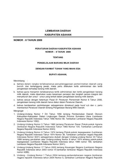 PASAL DEMI PASAL Pasal 1 LEMBARAN DAERAH KABUPATEN ASAHAN TAHUN 2009