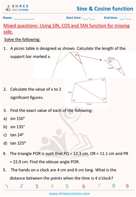 Mixed Questions Using Sin Cos And Tan Function For Missing Side Worksheets For Grade 9 Maths