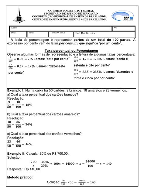 Porcentagem Exercícios 9 Ano - Exercícios de Porcentagem para 9º Ano | PDF | Percentagem | Notação ...