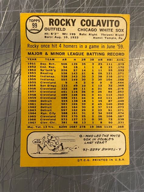 Topps Rocky Colavito Chicago White Sox Baseball Card Nm Mt Ebay