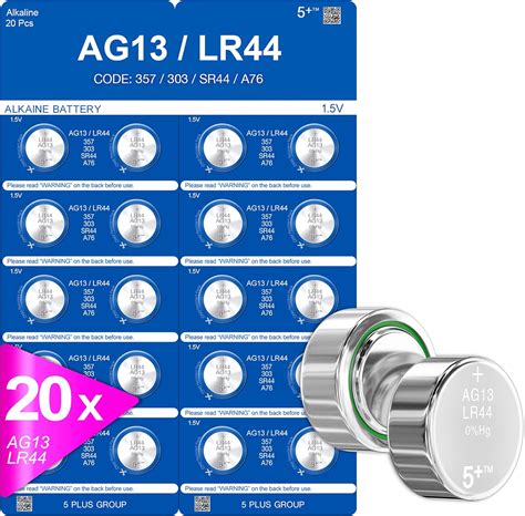 5Plus Group 20 Pcs LR44 AG13 357 303 SR44 A76 Battery 1 5V Button Coin