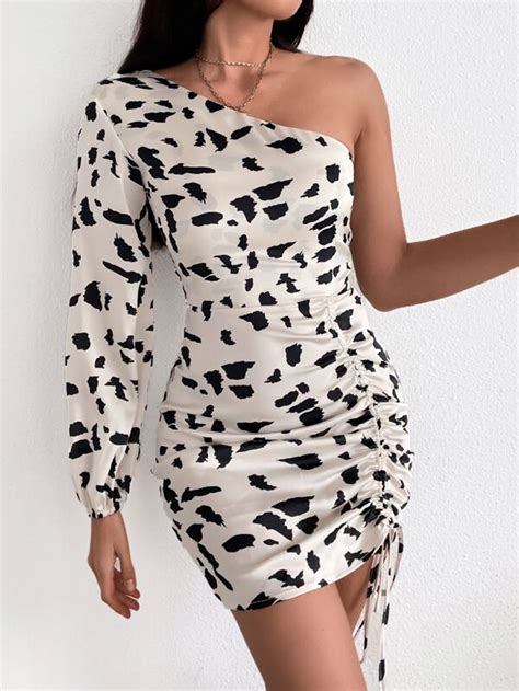 Shein Privé Cow Print One Shoulder Lantern Sleeve Drawstring Bodycon Dress Shein Uk