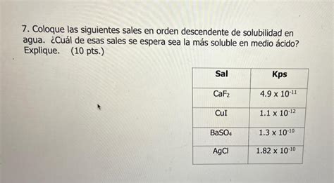 Solved 7 Coloque Las Siguientes Sales En Orden Descendente Chegg