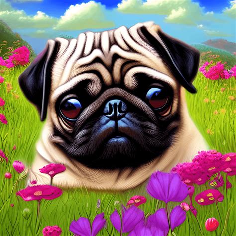 Cute Baby Pug Dog Cartoon with Landscape Background · Creative Fabrica