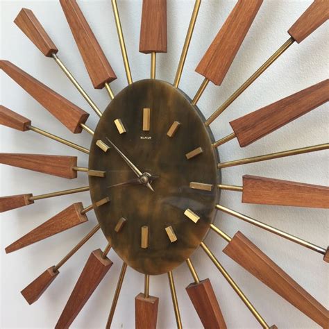 Manley Teak Brass Sunburst Wall Clock S Etsy Uk Wall Clock