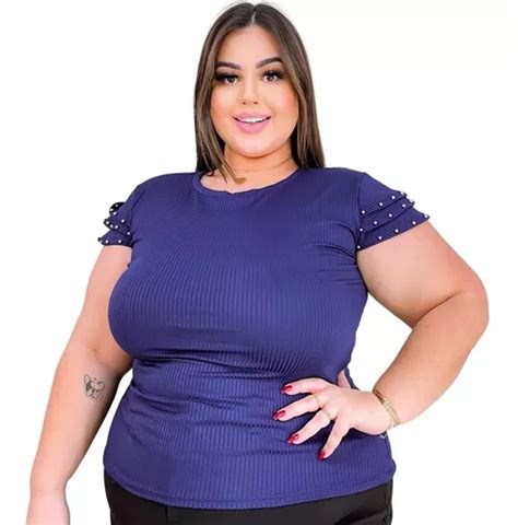 Blusa Feminina Canelada Plus Size Manga Babados Pedrinhas