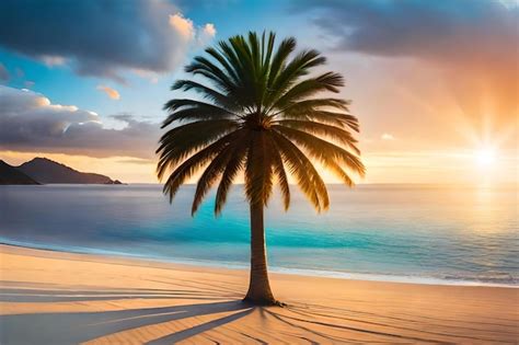 Premium Photo | A palm tree on a beach at sunset