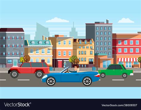 Modern car parking along town street in cartoon Vector Image