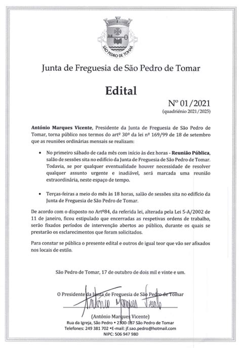 Edital Nº1 2021 quadriénio 2021 2025 Freguesia de São Pedro de Tomar