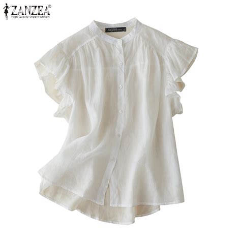 ZANZEA Women Fashion Hoilday Stand Collar Short Sleeve Ruffle Placket