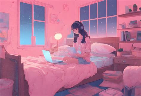 Lo-fi Anime Pink and Blue Color Tone Art of Long Hair Girl with Laptop ...