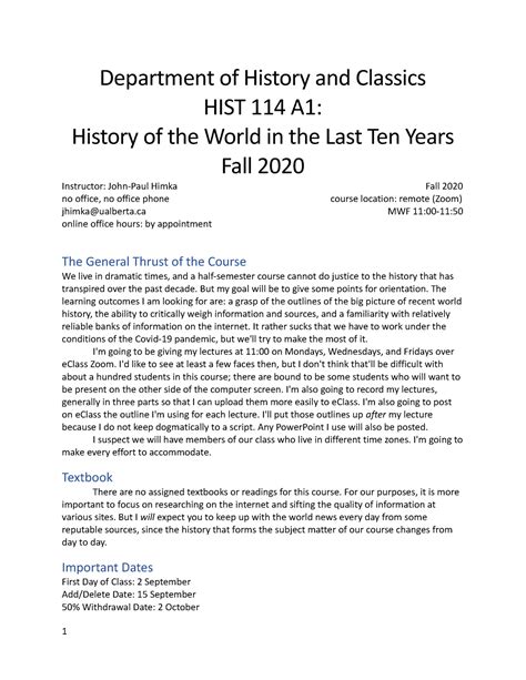 Syllabus Department Of History And Classics HIST 114 A1 History Of