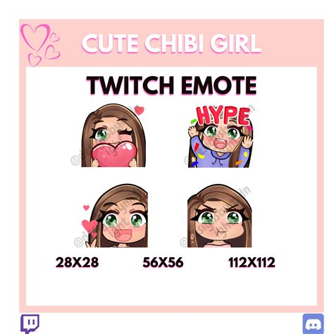 Lindo Chibi Chica 4 Twitch Emotes Pack Cabello Marrón Ojos Verdes