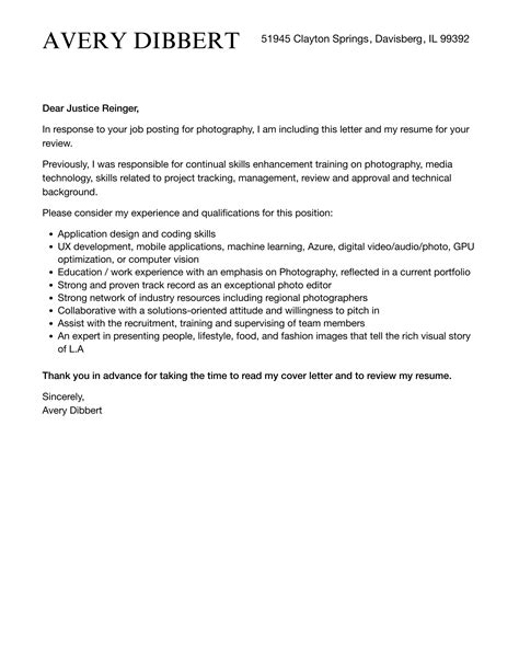 Photography Cover Letter Velvet Jobs