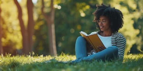 Premium Photo A Woman Is Sitting On The Grass Reading A Book