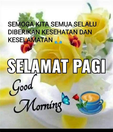 Some Yellow Flowers Are In A White Bowl With The Words Selamat Pagi