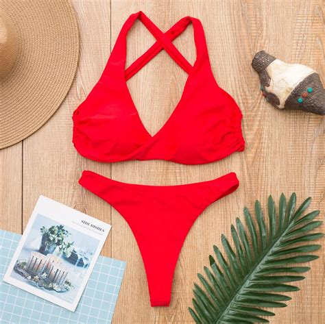 2019 New Solid Color Sexy Strap Bikini Women S Swimsuit Buy Women S