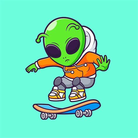 Alien Mignon Jouant Au Skateboard Vecteur De Dessin Anim Ic Ne